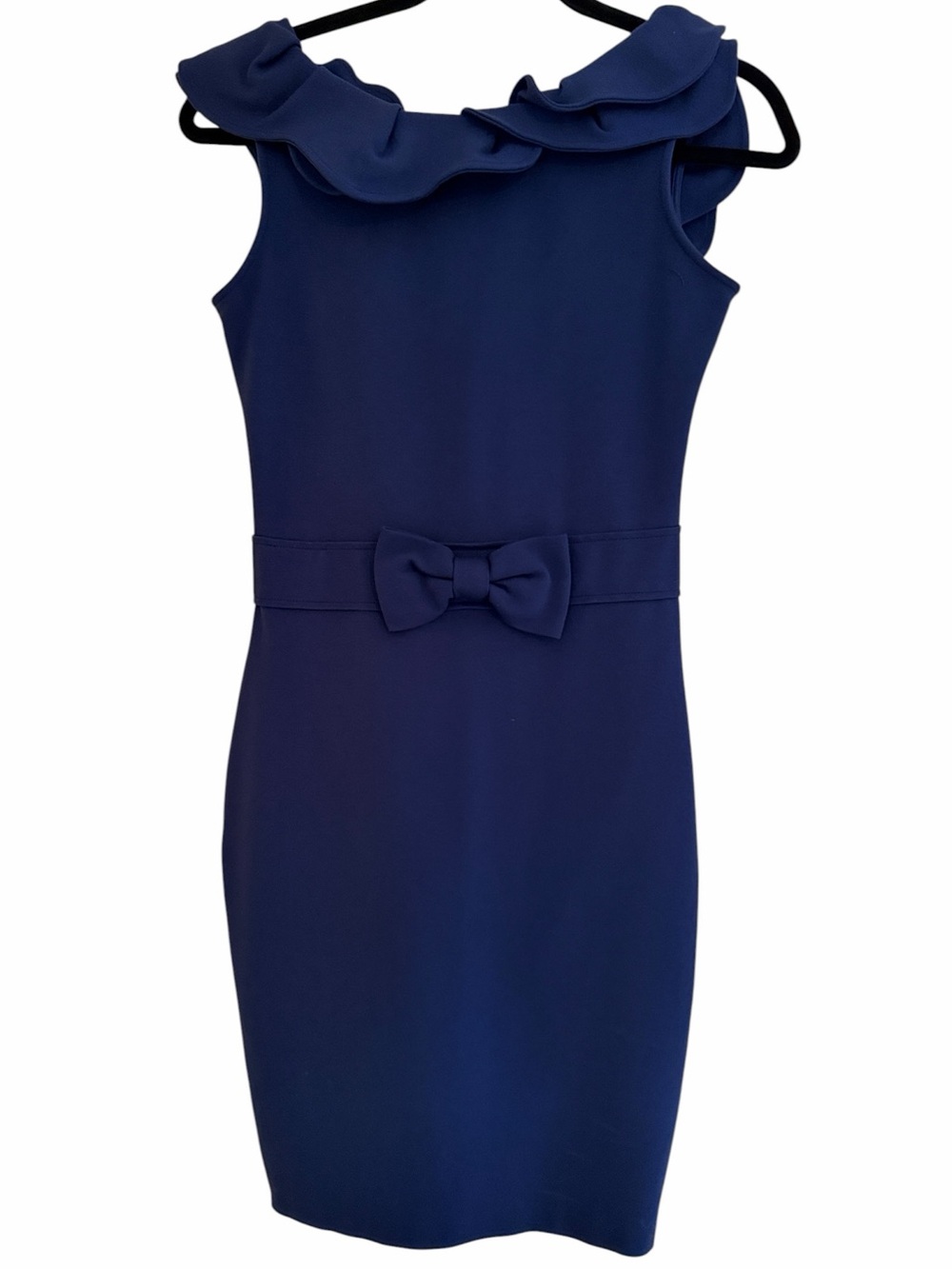 Red Valentino  Navy Ruffle Collar Sleeveless Knit Sheath Dress with Bow Waist